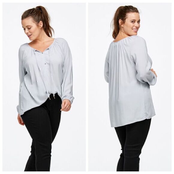 Ellos Top Womens Plus Size 18 /20 W Long sleeve Neck tie peasant tunic gray New - Picture 1 of 11